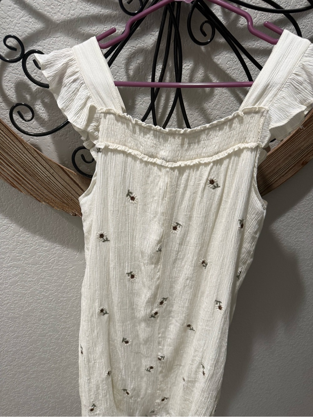 Hem & Thread Cream Embroidered Ruffle Shoulder Tank - Picture 2 of 4